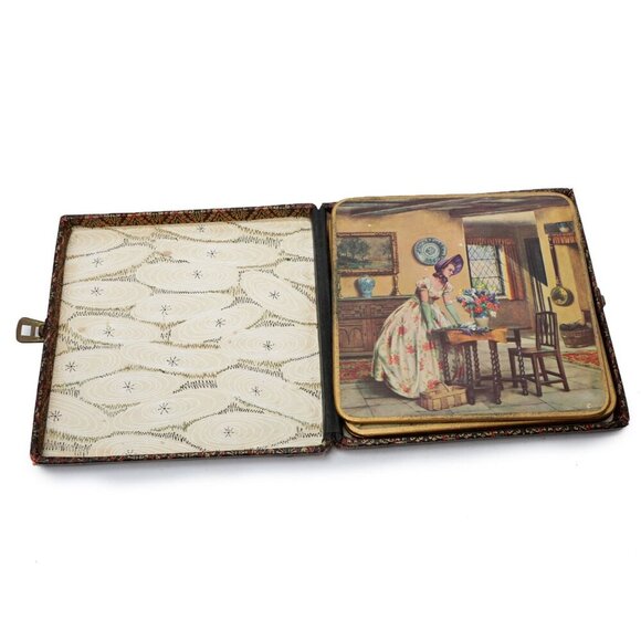 Vintage Win-El-Ware English Large Coasters Victorian Crinoline Pub x 6 with Case - Picture 13 of 14